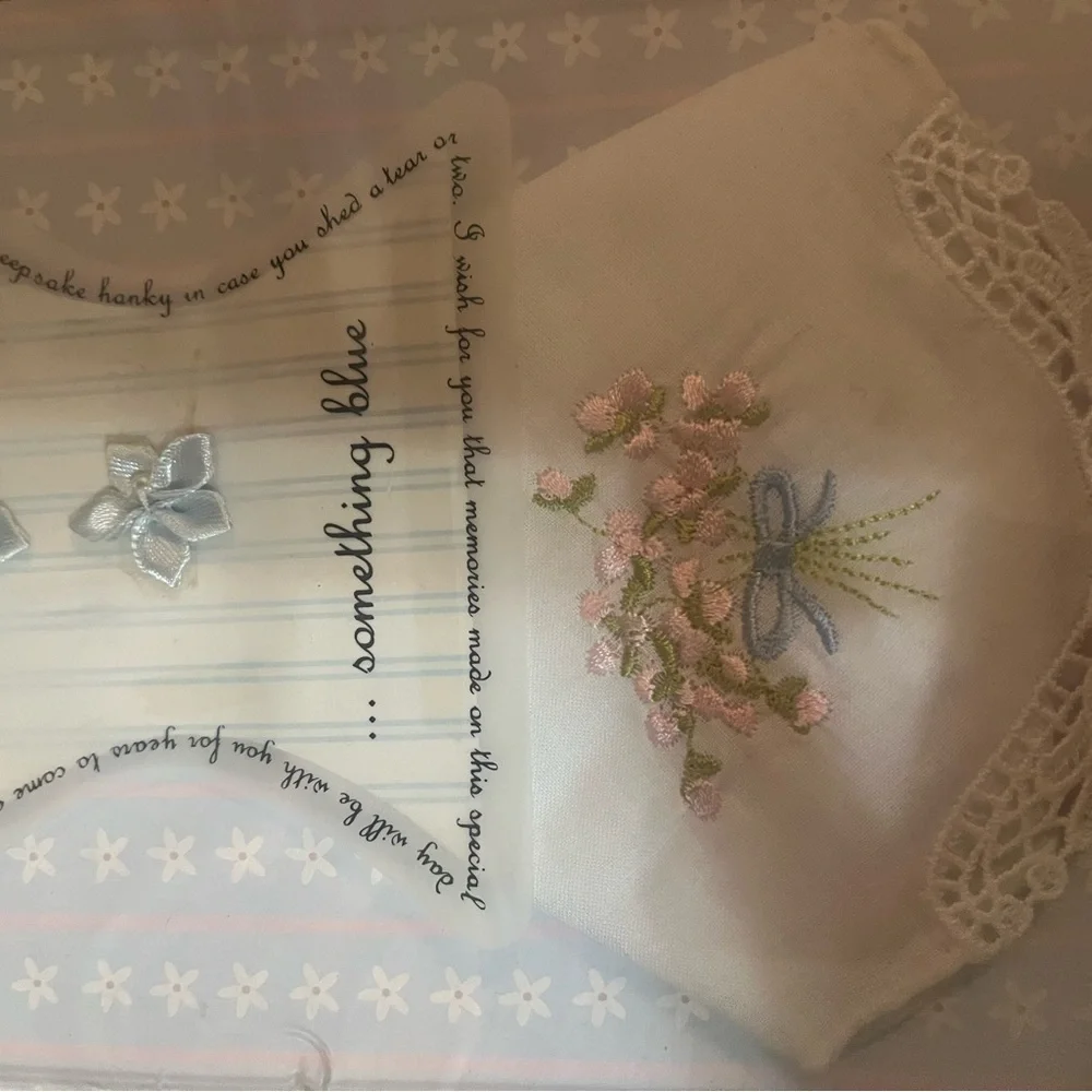 Blue and White Bridal Garter and something blue handkerchief set.